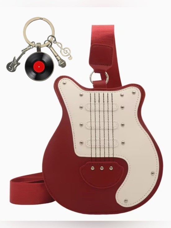 Handbags - Red & Cream Guitar Shaped Crossbody Bag + Music Record Bag Charm